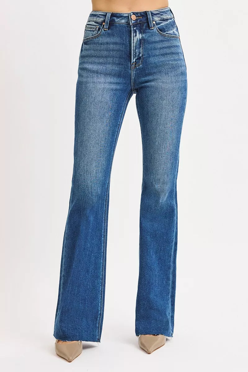 Risen High Rise Raw Cut Hem Flare Jeans