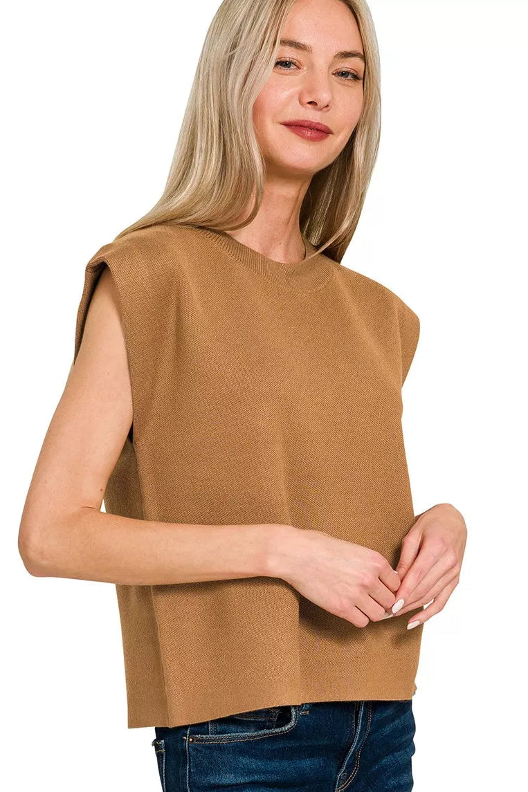 Zenana Round Neck Viscose Sweater Vest in Deep Camel