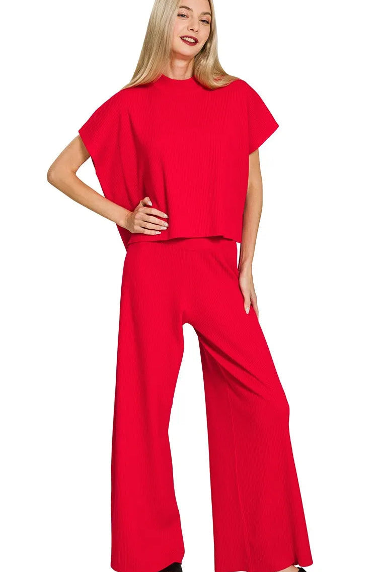Ruby Red Viscose Sweater Knit Top and Pants Set