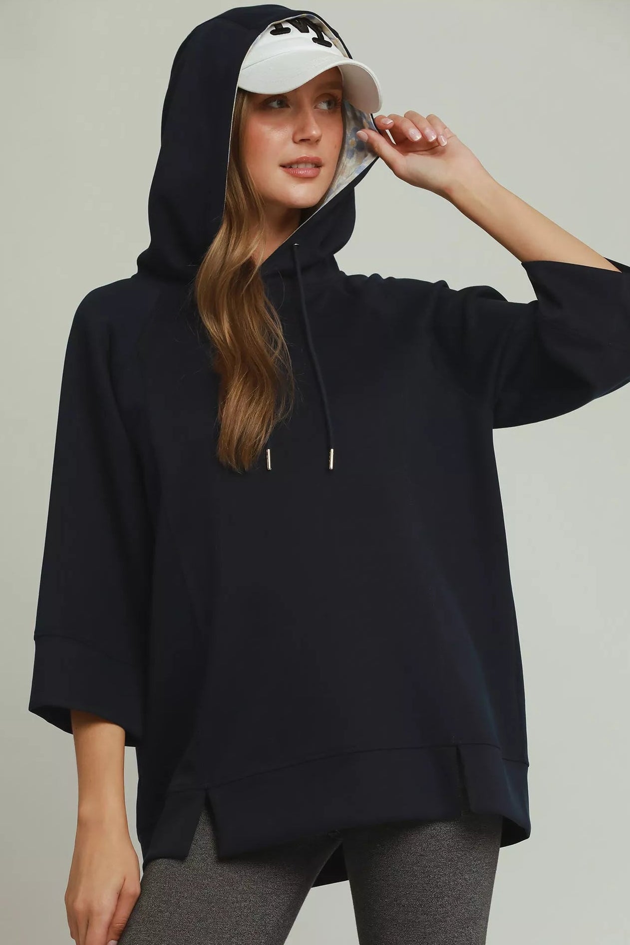 Umgee Cloudknit 3/4 Sleeve Tunic Top with Graphic Hood