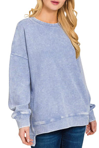 Acid Washed Double Ribbed Hi-low Pullover Sweatshirt in Marlin Blue