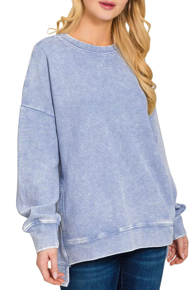 Acid Washed Double Ribbed Hi-low Pullover Sweatshirt in Marlin Blue