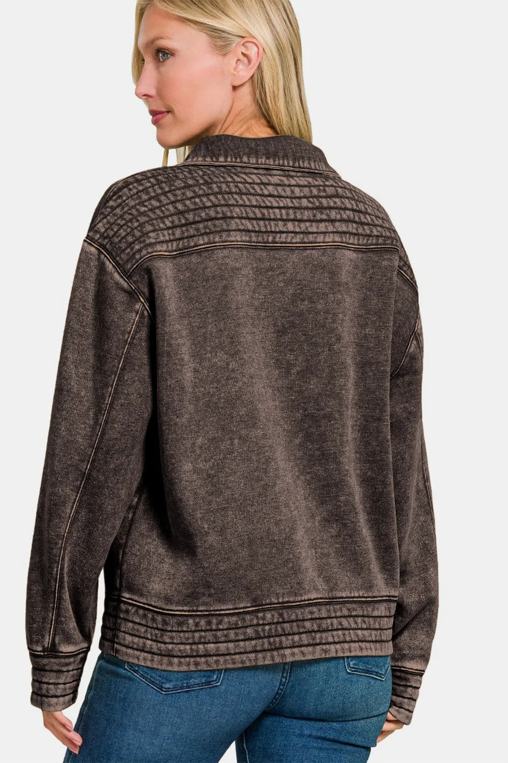 Zenana Acid Washed Half Snap Fleece Sweatshirt in Ash Black