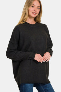 High-Low Hem Drop Shoulder Melange Sweater - Black