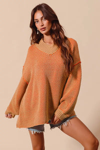 So Me Oversized Two Tone Textured V-Neck Sweater