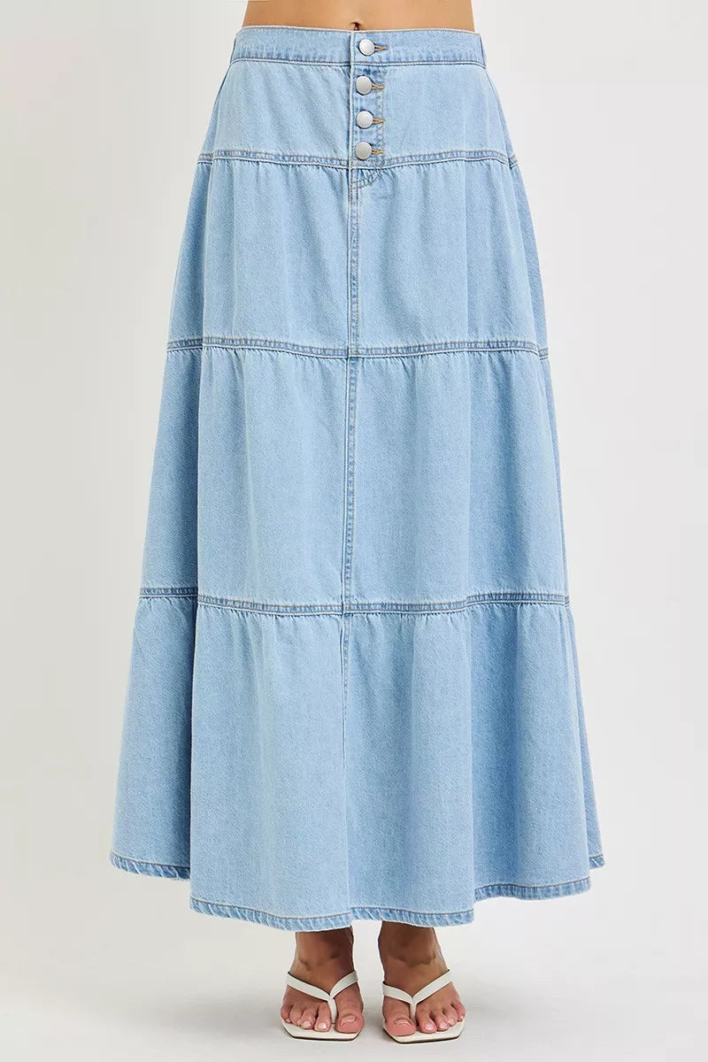 Risen Tiered Denim Maxi Skirt - Light Wash