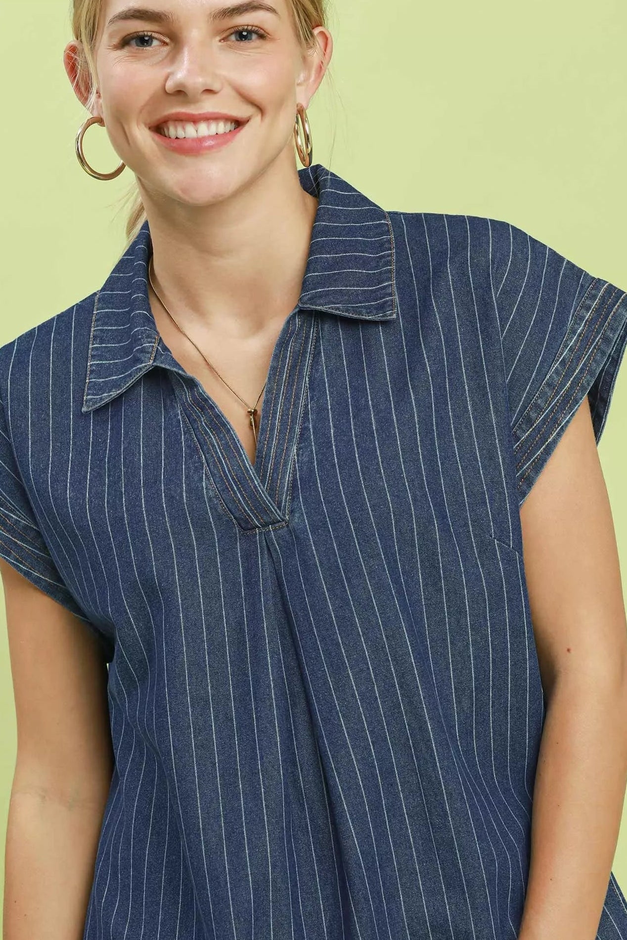 Umgee Pinstripe Denim Collared Midi Dress with Side Slits - Dark Denim