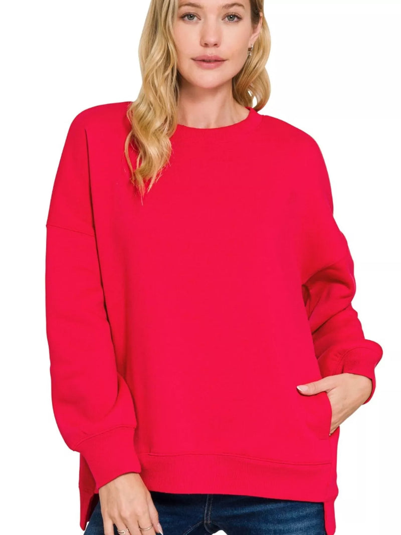 Fleece Hi-Low Boyfriend Sweatshirt with Pockets in Ruby Red
