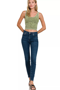 Zenana Washed Ribbed Seamless Cropped V-Neck Tank Top - Ash Olive Green