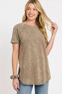 Zenana French Terry Washed Curved Hem Top in Mocha