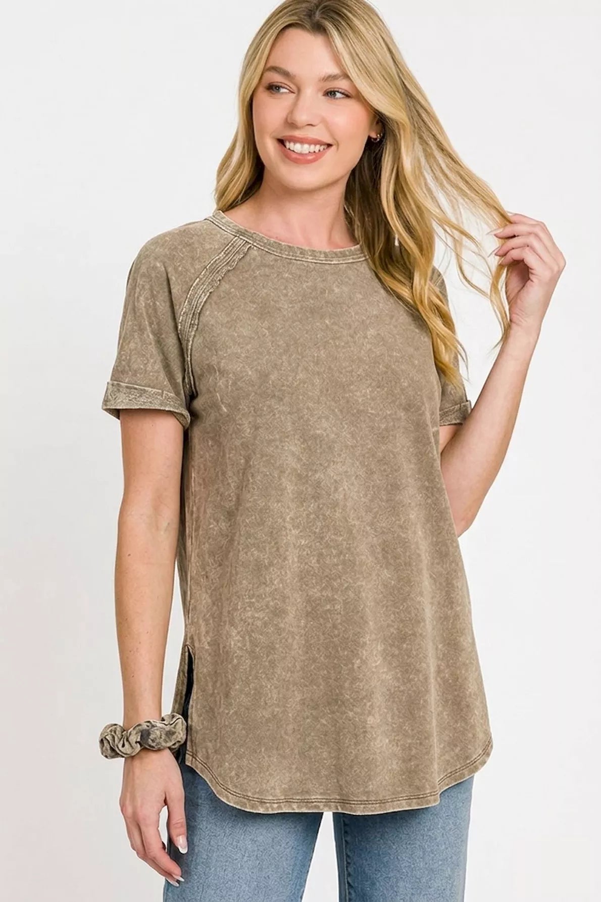 Zenana French Terry Washed Curved Hem Top in Mocha