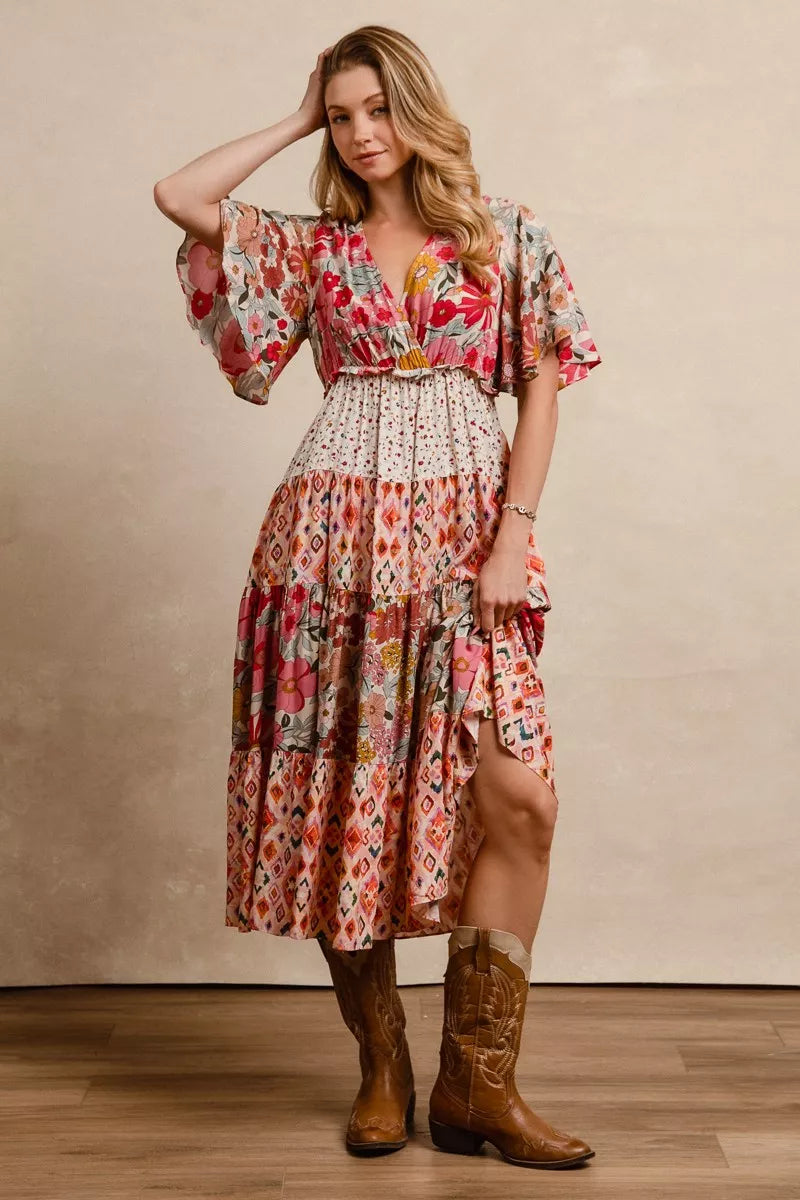 Bibi Floral Print Mix Midi Dress