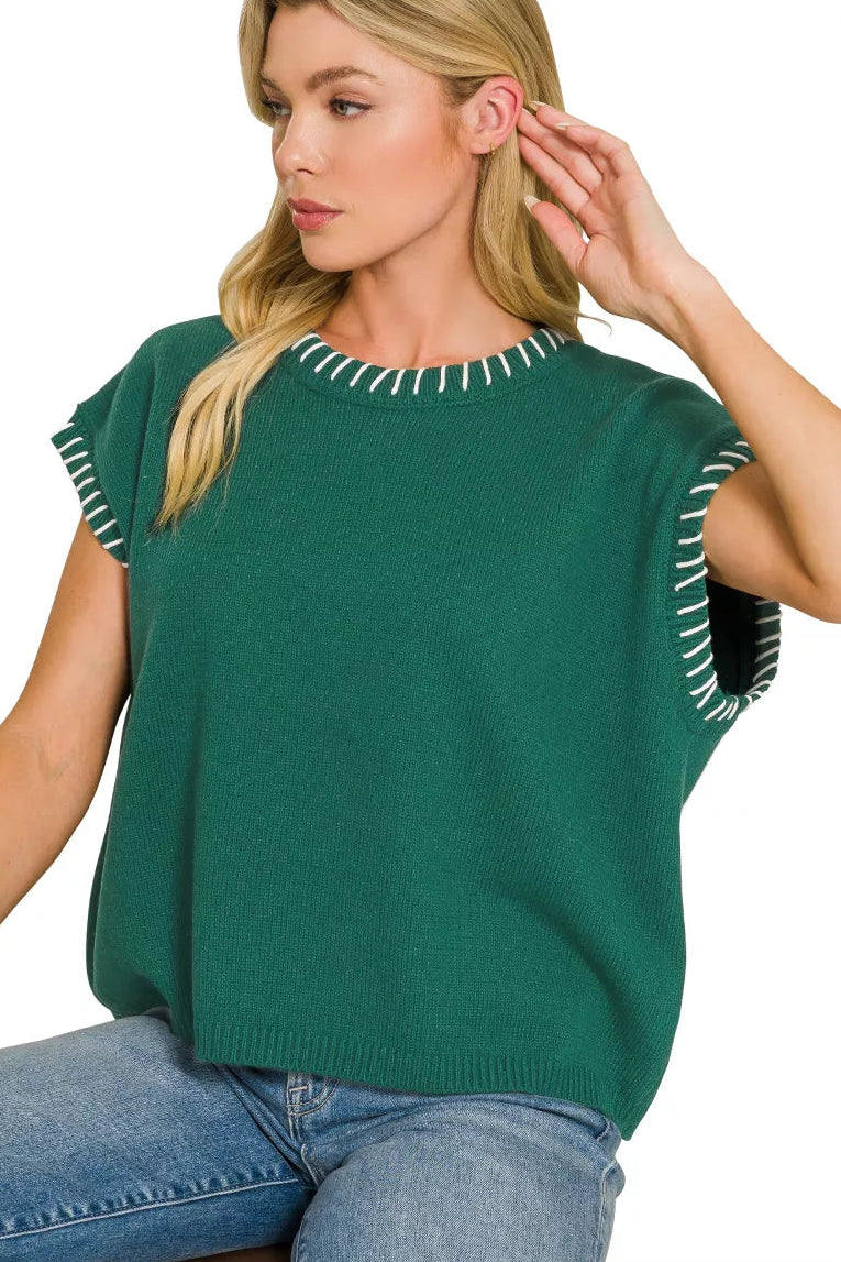 Zenana Contrast Stitch Detailed Sweater Knit Top in Hunter Green
