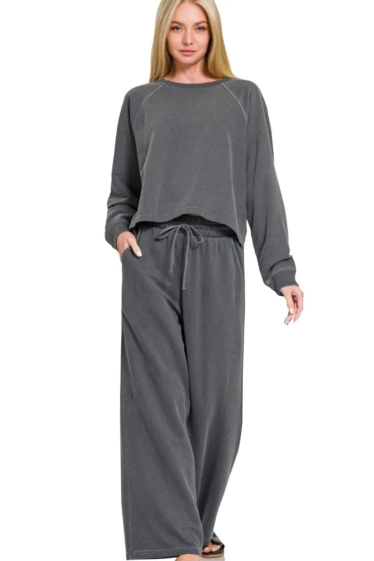 Zenana Washed French Terry Pullover & Pants Set in Black