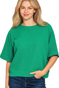 Double Knit Side Slit Hi Low Short Sleeve Top in Kelly Green