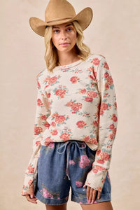Bibi Floral Print Washed Waffle Knit Thermal Top