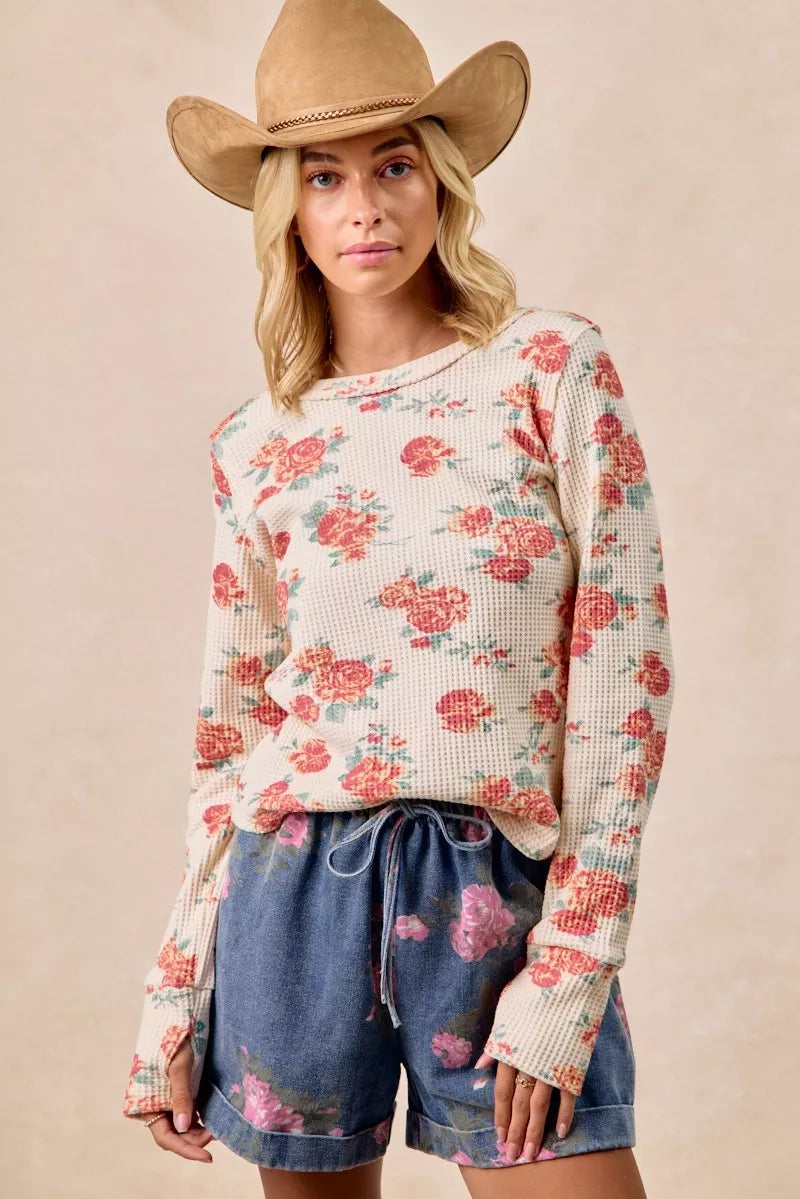 Bibi Floral Print Washed Waffle Knit Thermal Top