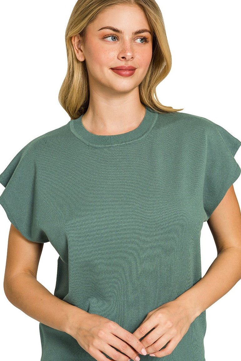 Zenana Viscose Round Neck Short Sleeve Sweater Knit Top in Ash Jade