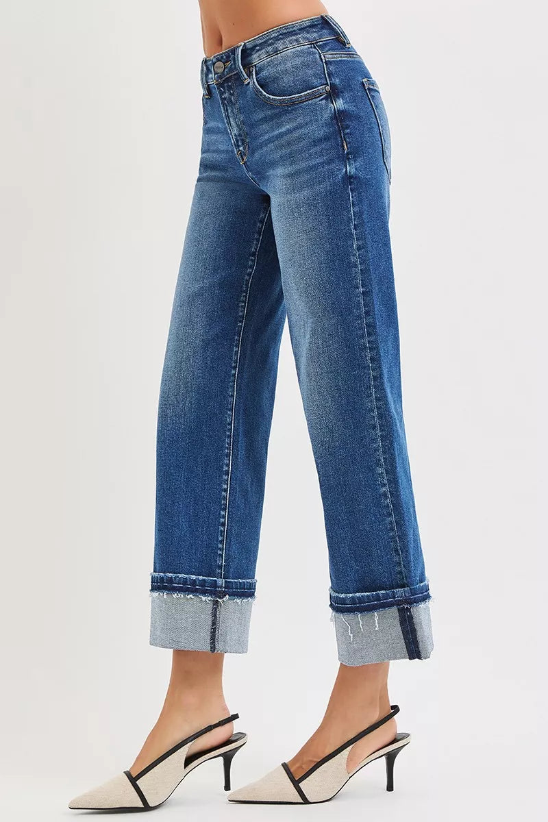 Risen Mid Rise Ankle Straight Cuffed Jeans