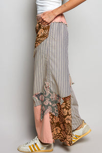 POL Striped Floral Patchwork Wide Leg Pants