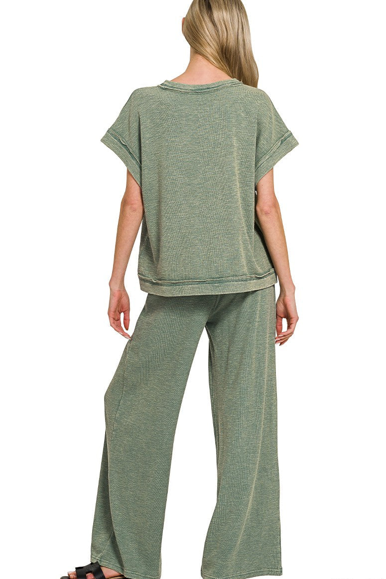 Zenana Cotton Slub Short Sleeve Tee and Pants Set in Ash Jade