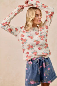 Bibi Floral Print Washed Waffle Knit Thermal Top