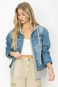 Risen Oversized Denim Jacket with Hoodie Lining