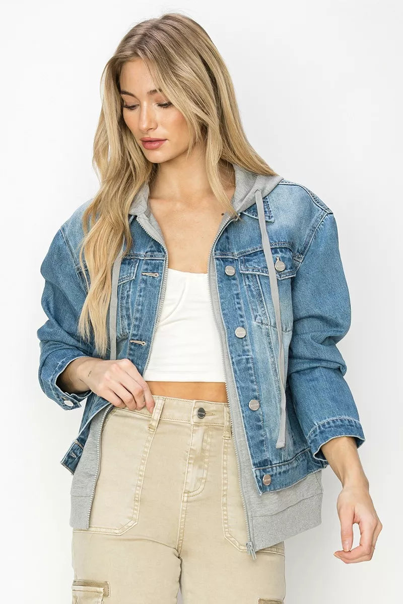 Risen Oversized Denim Jacket with Hoodie Lining