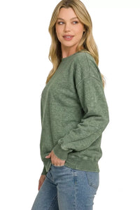 Zenana Fleece Enzyme Washed Round Neck Sweatshirt in Army Green