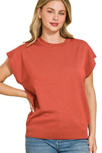Zenana Viscose Round Neck Short Sleeve Sweater Knit Top in Rust