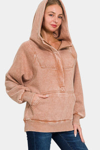 Zenana Acid Wash 1/4 Zip Fleece Kangaroo Hoodie in Rust