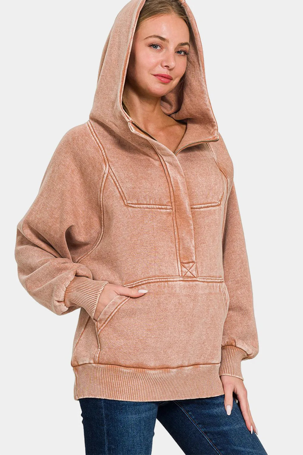 Zenana Acid Wash 1/4 Zip Fleece Kangaroo Hoodie in Rust