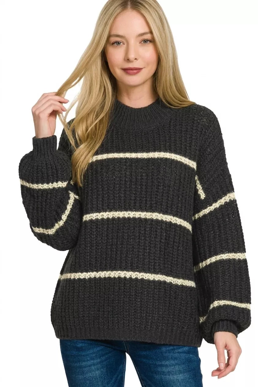 Zenana Oversize Striped Sweater in Black
