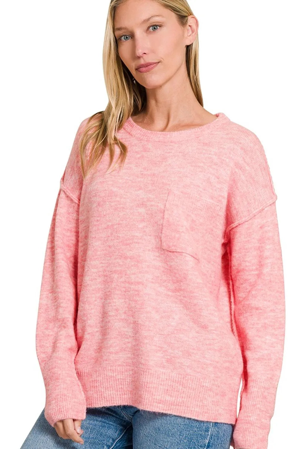 Zenana Round Neck Melange Sweater in Heathered Dark Pink