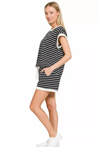 Zenana Stripe Contrast Trim Top & Shorts Set in Black
