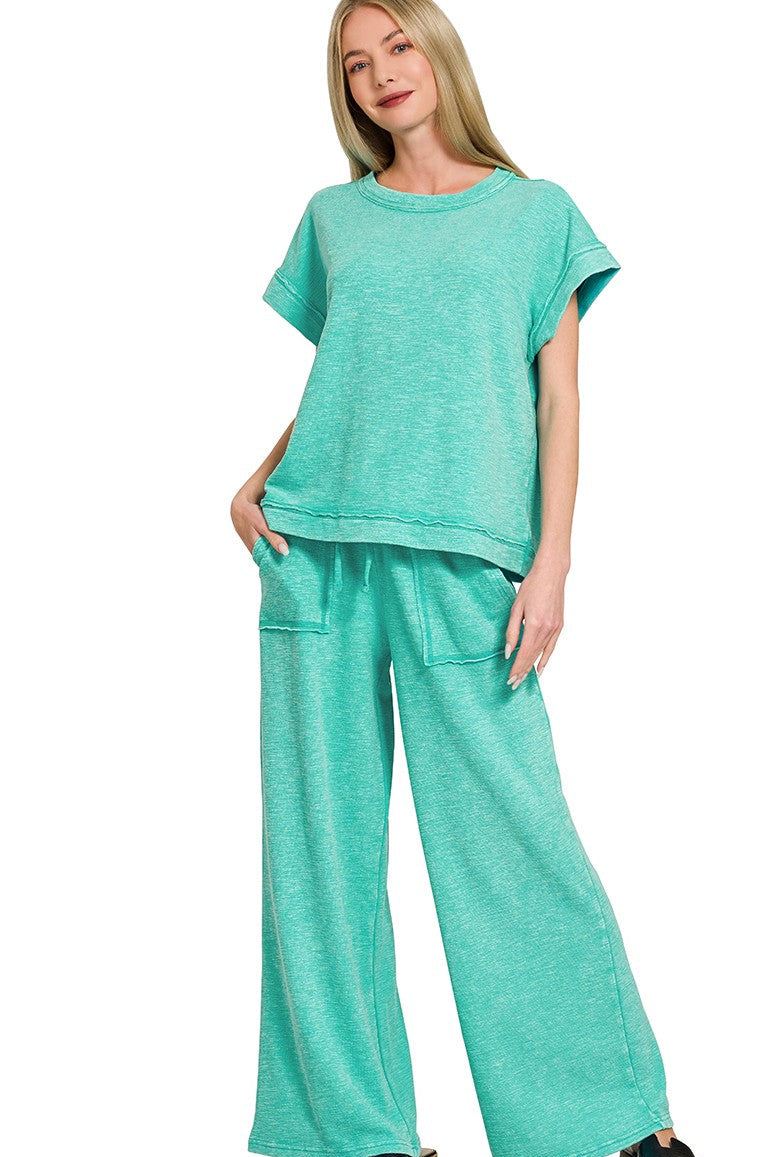 Zenana Cotton Slub Short Sleeve Tee and Pants Set in Turquoise