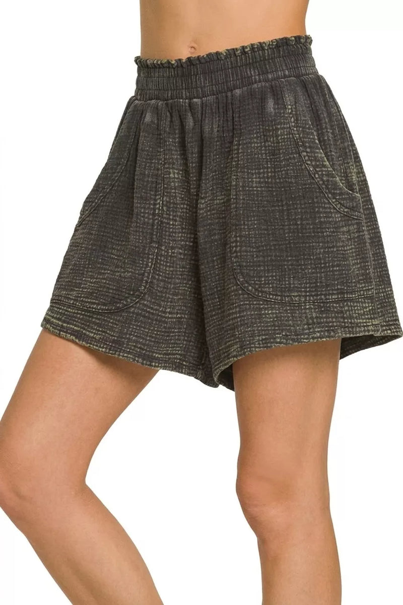 Zenana Washed Double Gauze Shorts in Ash Black