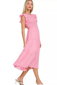 Woven Smocked Ruffle Sleeve Midi Dress in Candy Pink