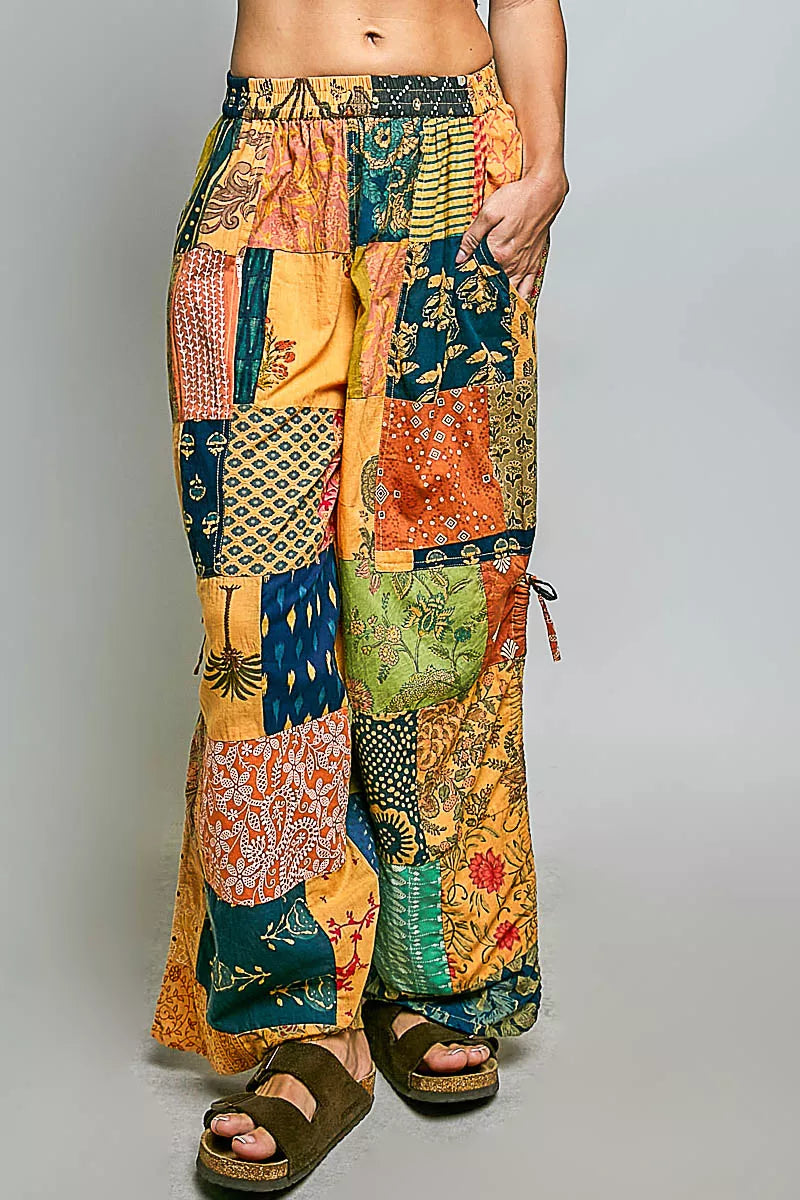 POL Printed Patchwork Pants with Adjustable Side Drawstring