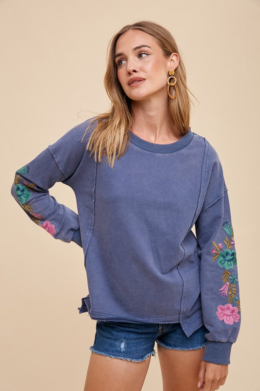 Washed French Terry Embroidered Long Sleeve Top