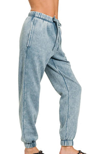 Zenana Acid Wash Fleece Jogger Sweatpants in Blue Grey