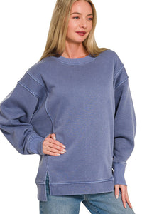 Zenana Pigment Dye Exposed-Seam Fleece Sweatshirt in Light Navy