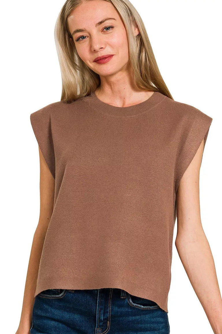 Zenana Round Neck Viscose Sweater Vest in Brown