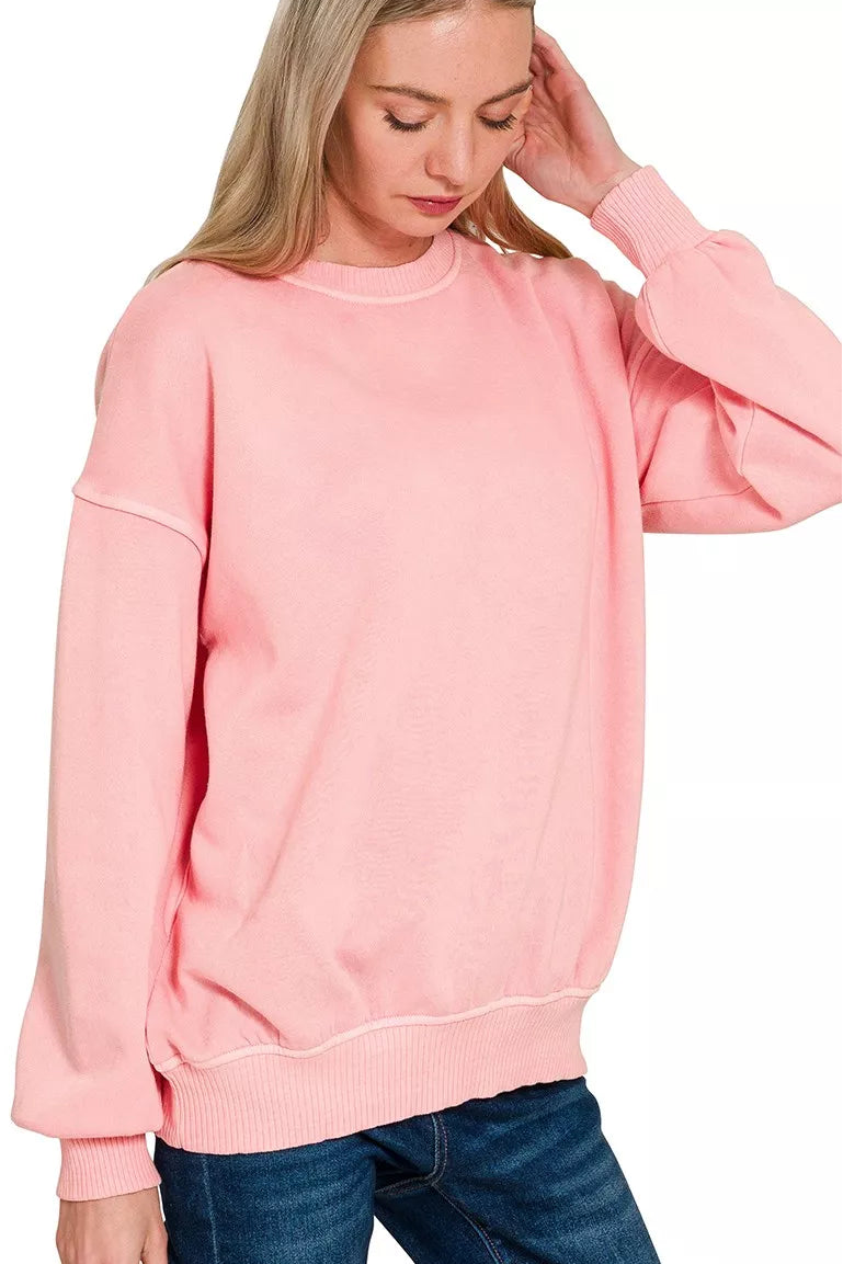 Zenana Pigment Dyed French Terry Sweatshirt in Dark Pink