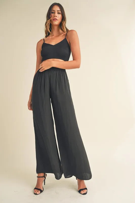 Mable Smocked Bralette Crop Top and Wide Leg Pants Set in Black
