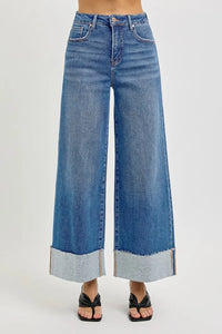 Risen High Rise Tummy Control Cuffed Wide Leg Jeans