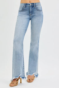 Risen Mid Rise Tummy Control Frayed Hem Flare Jeans
