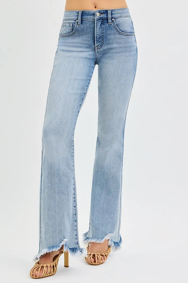 Risen Mid Rise Tummy Control Frayed Hem Flare Jeans
