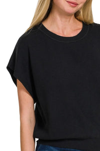 Zenana Round Neck Short Dolman Sleeve Sweater in Black