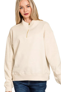 Zenana Quarter Zip Fleece Sweatshirt in Sand Beige
